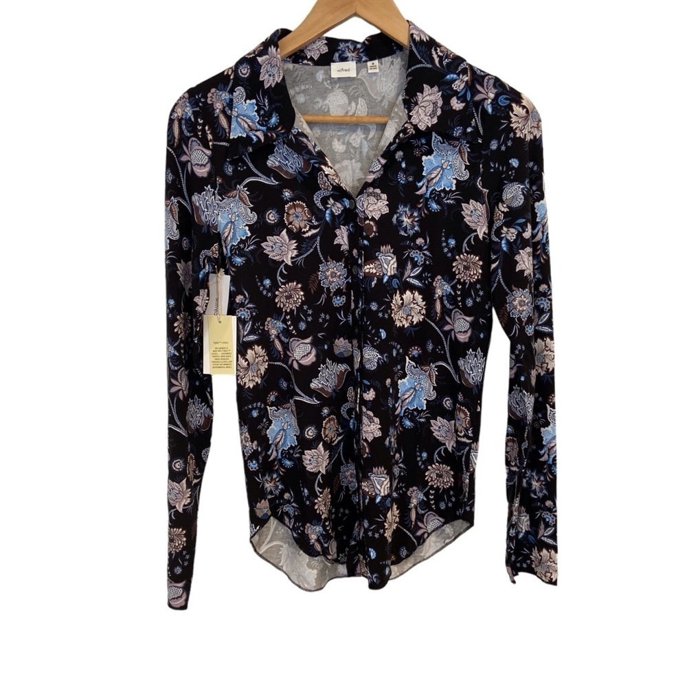Aritzia Wilfred Pose Blouse Black Blue Floral Long Sleeve Jersey Medium NWT